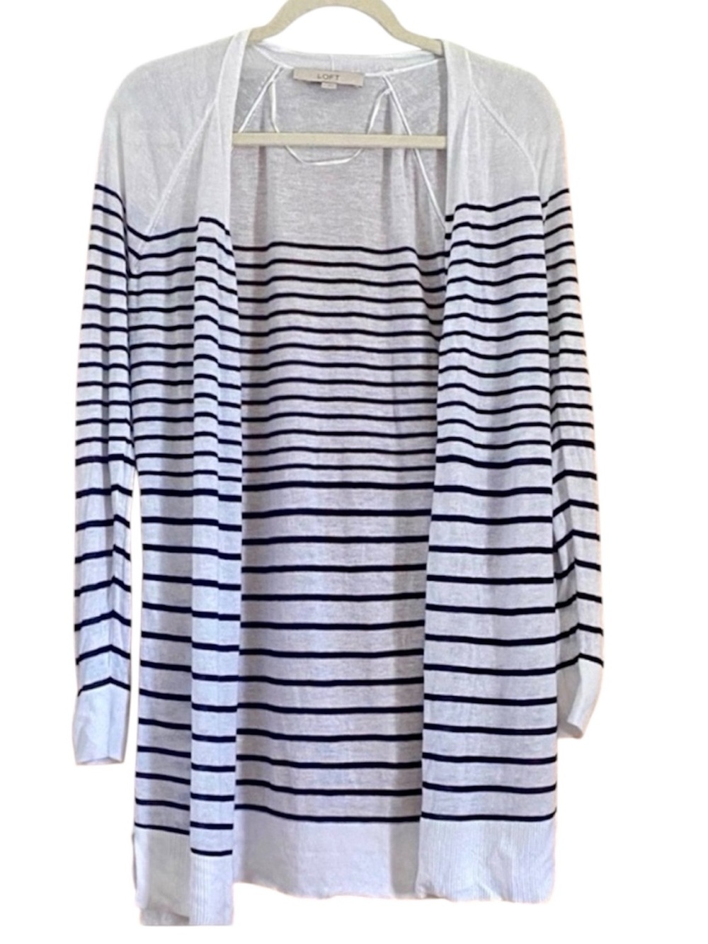 LOFT Ramie Blend Striped Open Front Longline Cardigan Lightweight S